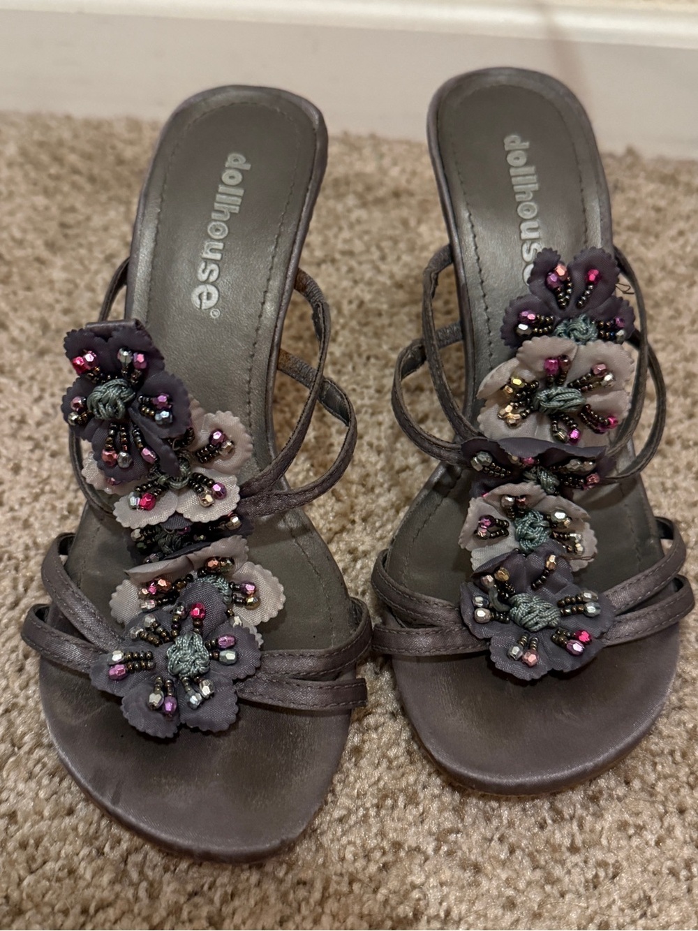 Dollhouse Purple-Gray Beaded Floral Strappy Heels